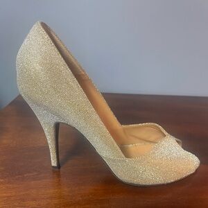 Luxury brand JEAN MICHEL CAZABAT Gold Glitter Peep-Toe Pumps Like new size 38